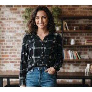 Lucky Brand Size S Blouse Flannel Boyfriend Black & White Button Down Soft